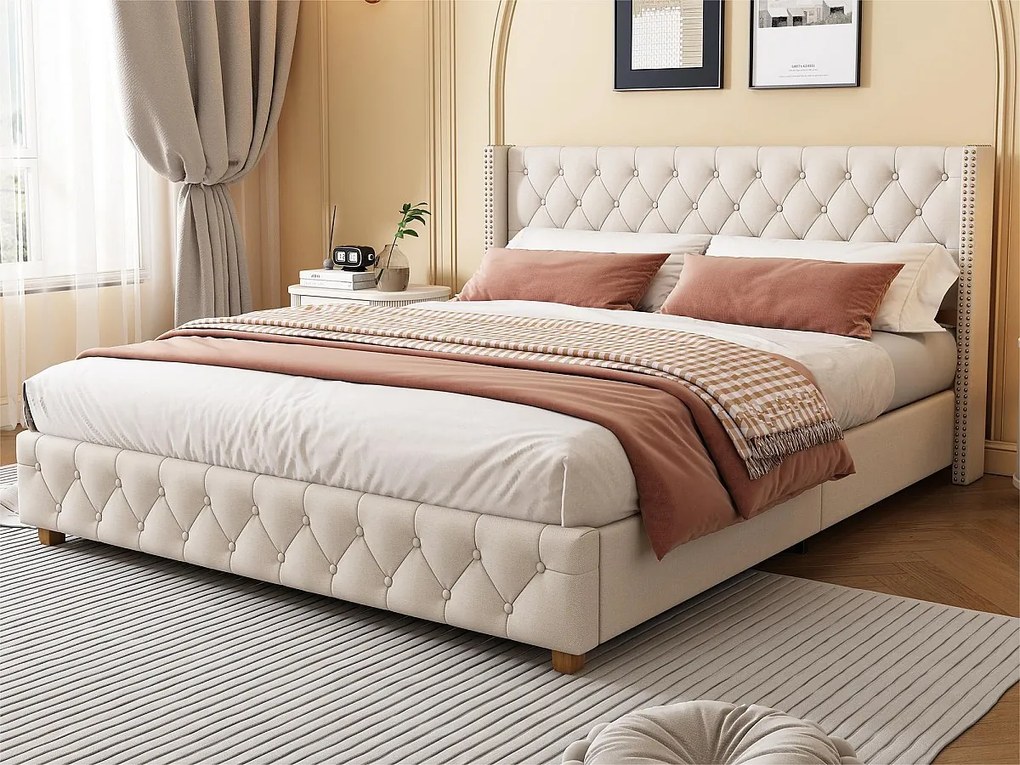 Łóżko dwuosobowe tapicerowane lnem - 160x200 cm - z stelażem na listwach - Beżowe