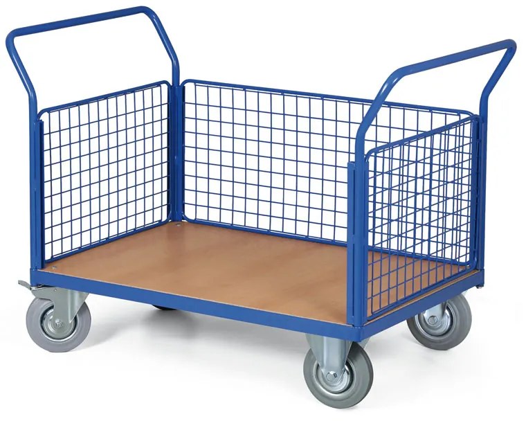 Wózek platformowy - 3 burty z siatki, 1200 x 800 mm, nośność 200 kg, koła 125 mm z szarą gumą