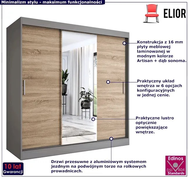 Szafa przesuwna antracyt + dąb sonoma 200 cm - Massi 6X