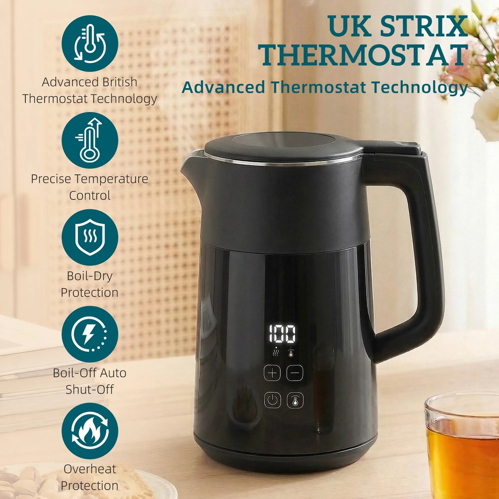 HOMCOM Elektryczny czajnik, 1,7 l, szybkie gotowanie, 2200 W, z wyświetlaczem LED, funkcją podtrzymywania ciepła, zabezpieczeniem przed suchobiegiem, bez PTFE | Aosom PL