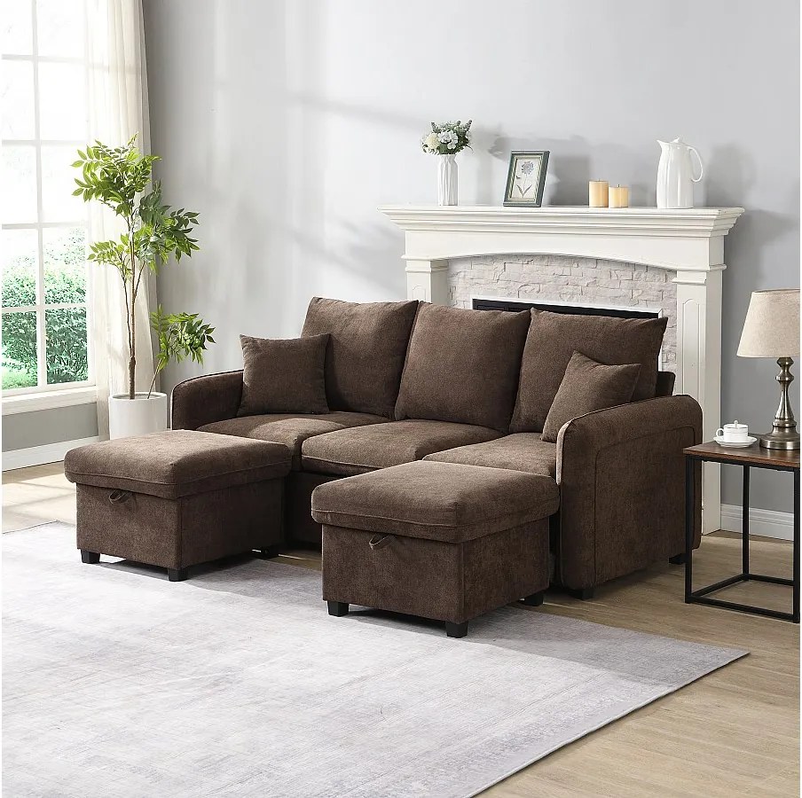 Brązowa sofa narożna - Sofa 3-osobowa z 2 szufladami i 2 pufami ze schowkiem - szenil