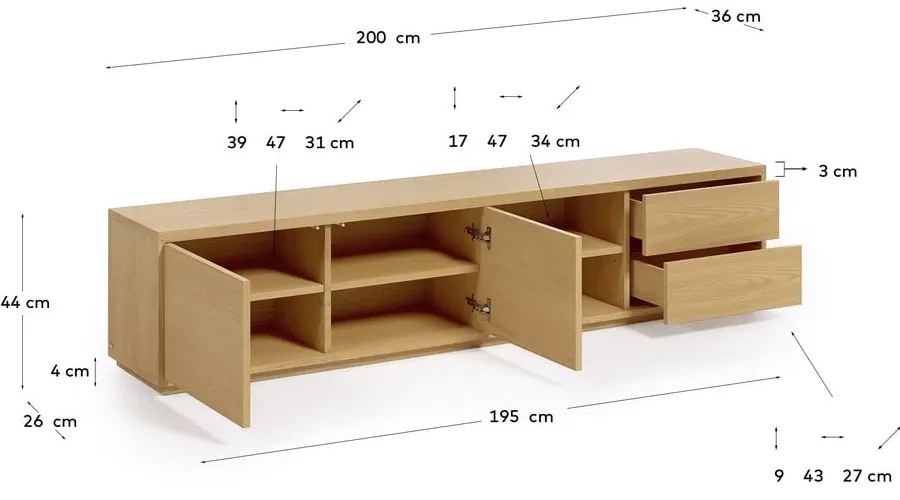 Szafka pod TV w dekorze dębu w naturalnym kolorze 200x44 cm Abilen − Kave Home