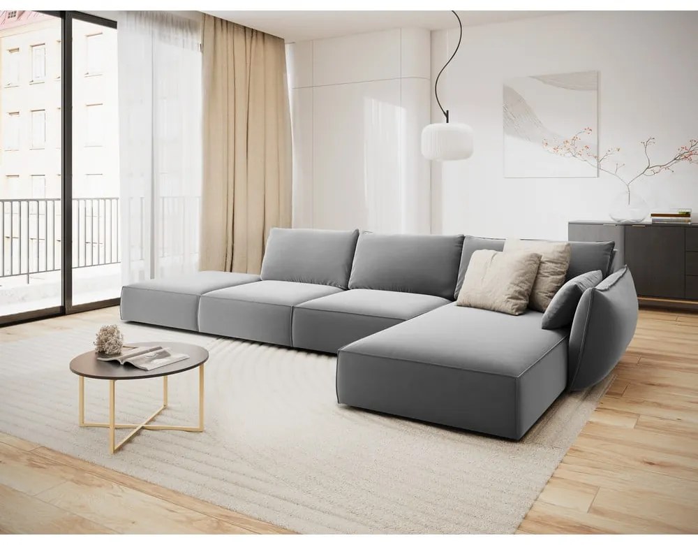 Jasnoszary aksamitny narożnik (prawostronny/z szezlongiem) Vanda – Mazzini Sofas