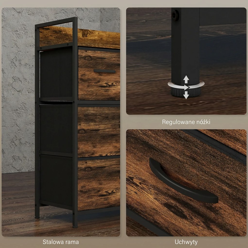 HOMCOM Komoda, Kredens, 4 Szuflady Materiałowe, Design Industrialny, 60x29x85cm, Brąz/Czarny