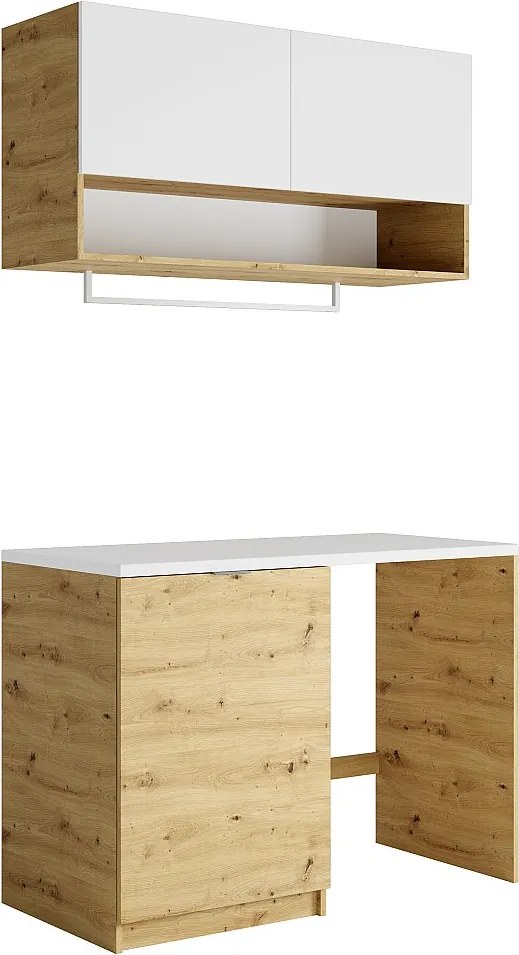 Zestaw mebli do pralni do zabudowy pralki z blatem - szer. 122 cm - Biały i naturalny jasny - NATAJI