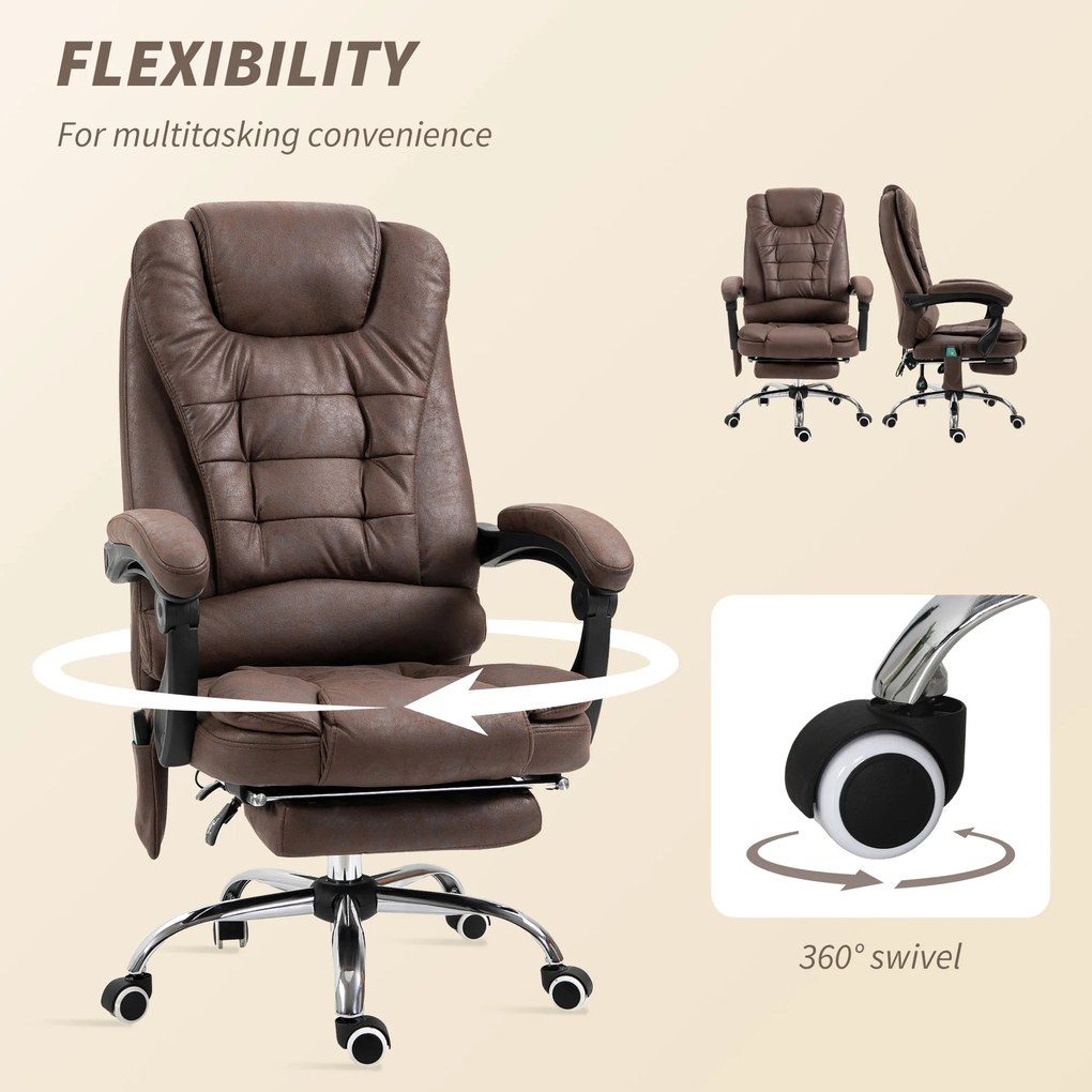 Vinsetto Masujący Fotel Biurowy z Funkcją Leżenia i Ogrzewania, Obrotowy, Ergonomiczny, do 120 kg, Brązowy