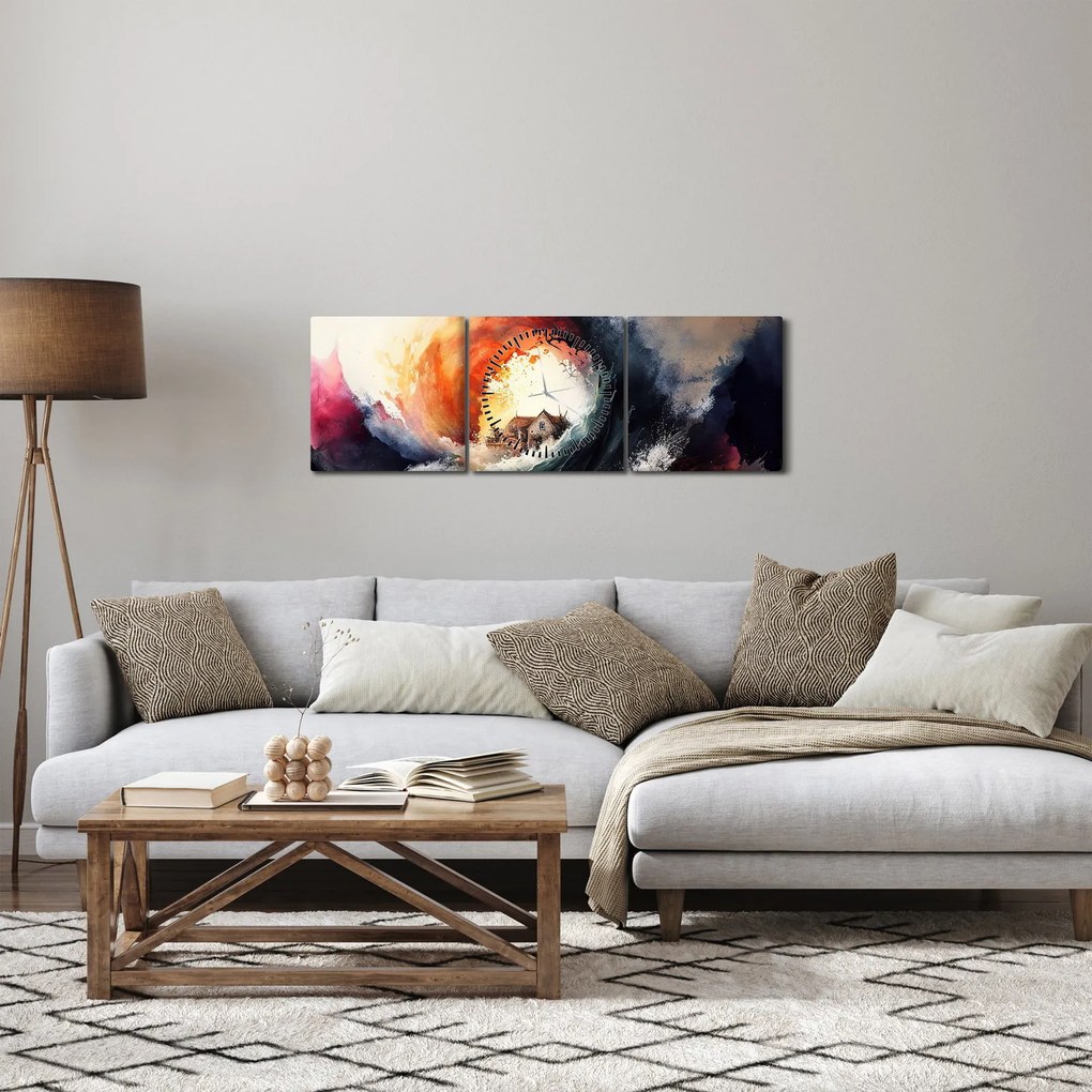 Obraz - W wirze powodzi, akwarela (z zegarem) (90x30 cm)