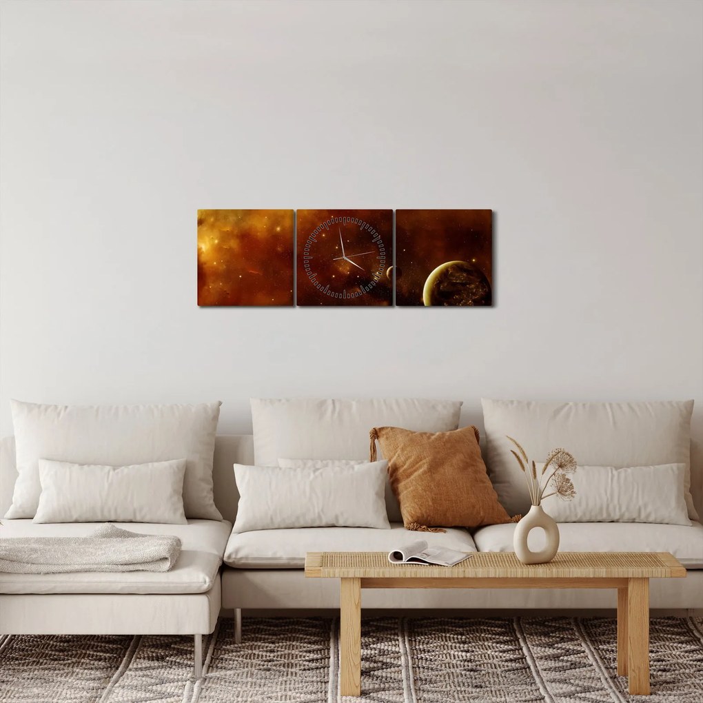 Obraz - Planety z mgławicą (z zegarem) (90x30 cm)