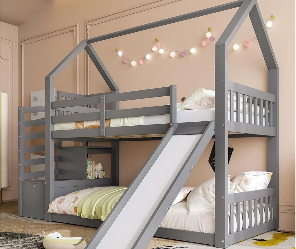 Łóżko piętrowe 90x200cm z drewna - z barierkami + schodami do przechowywania + zjeżdżalnią - Szare
