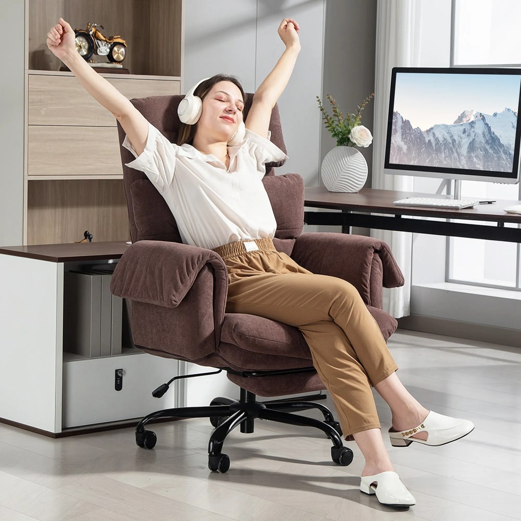 HOMCOM Fotel biurowy z regulowanym oparciem, obrotowy fotel tapicerowany, fotel wyściełany, regulowana wysokość, stal, brązowy