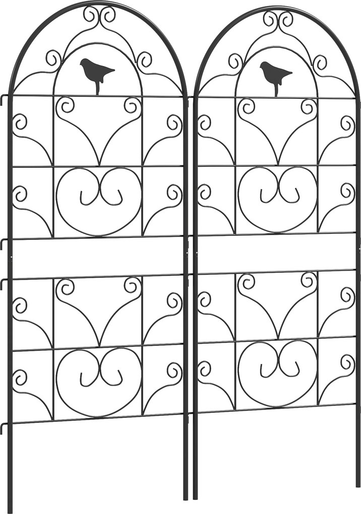 Metalowe Kratki na Róże 2 szt. Outsunny Zestaw, Odporny na Rdzę, dla Roślin Pnących z Motywem Ptaków 50x120 cm, Czarny