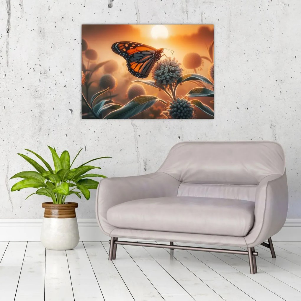 Obraz na szkle – Motyl w zachodzącym słońcu (70x50 cm)