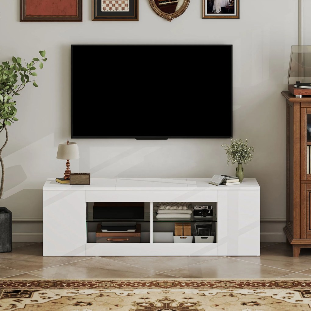 HOMCOM Stojak TV biały szafka RTV 140 cm komoda pod telewizor 6 przegród i 2 półki szklane nowoczesna | Aosom PL