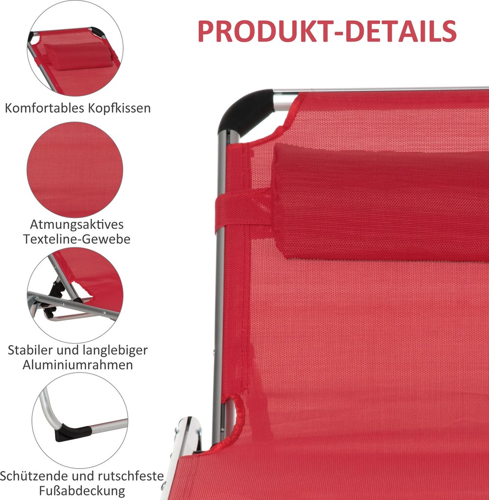 Outsunny Składany leżak, czerwony, 170 x 60 x 76 cm