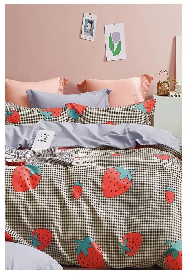 Pościel jednoosobowa z bawełny renforcé z prześcieradłem 160x220 cm Strawberry – Mila Home