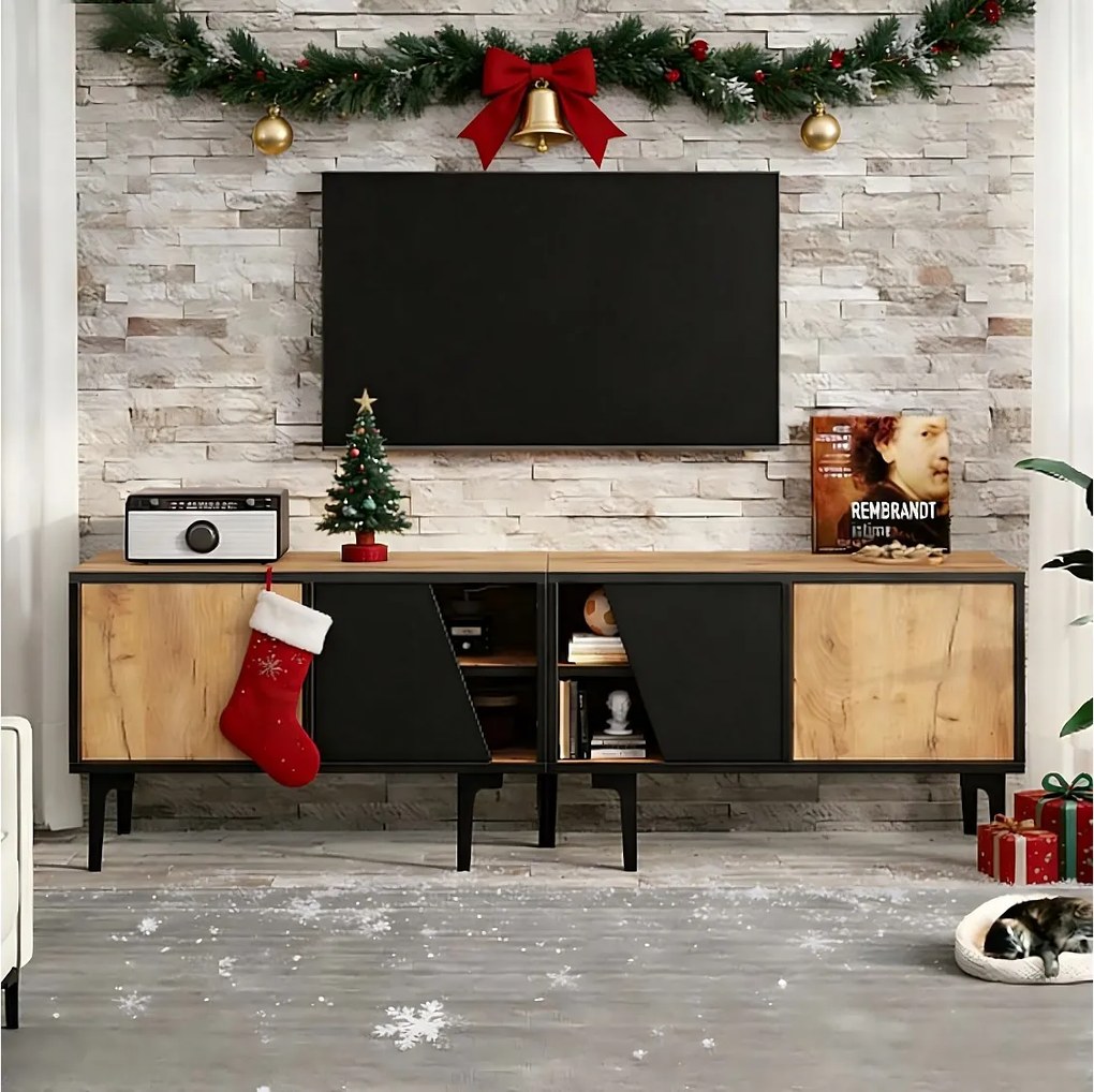 Stolik pod telewizor do salonu 160 x 36,5 x 45 cm - z 4 drzwiami - niski blat z 7 nogami - płyta wiórowa - naturalny