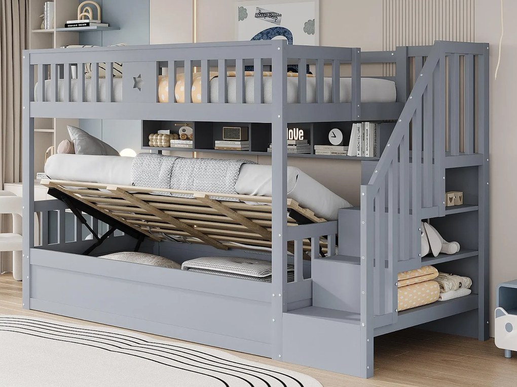 Łóżko piętrowe 90×200 cm - Łóżko z pojemnikiem pod spodem - Z drabinką bezpieczeństwa - Ze skrzynią przechowawczą - szary
