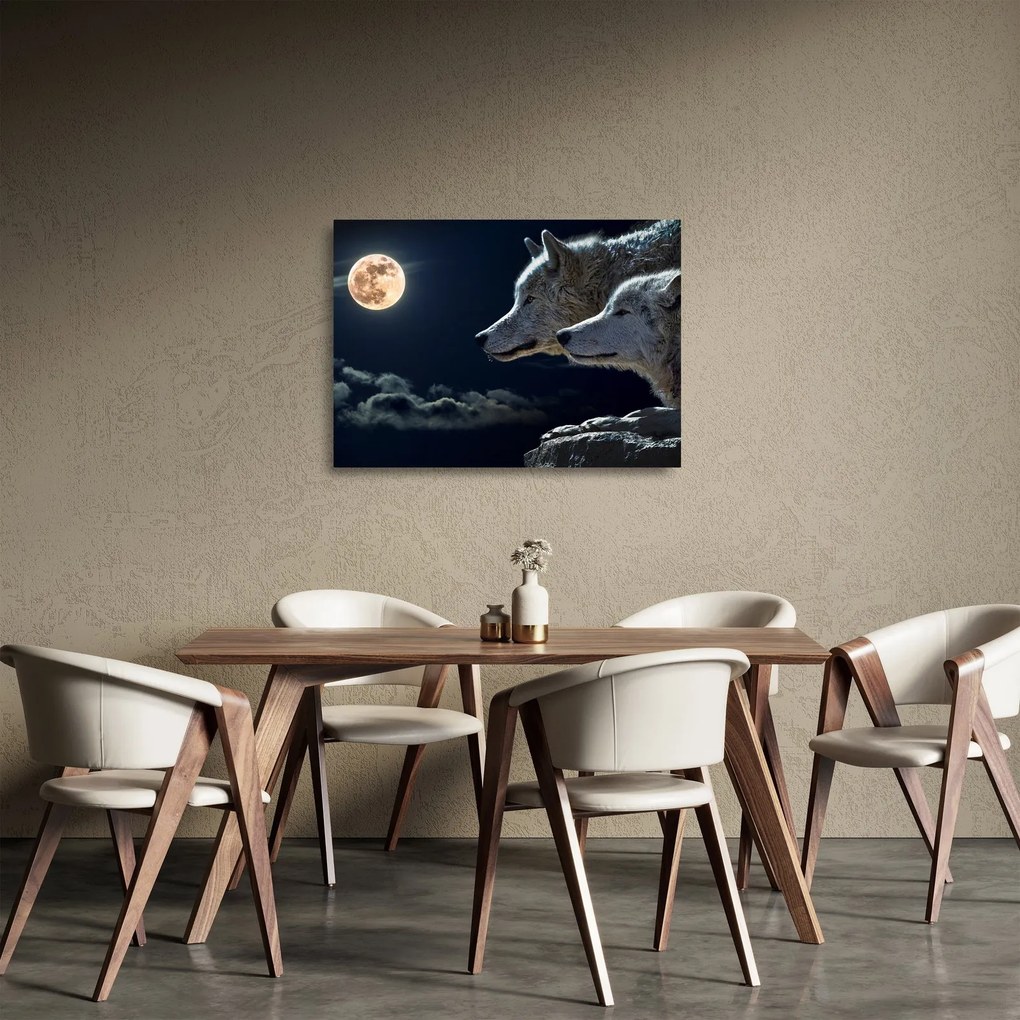 Obraz na szkle - wilki wyjące do księżyca (70x50 cm)