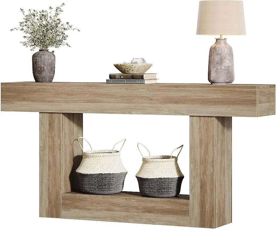 Stolik konsolowy 160 cm, dwupoziomowy stolik do przedpokoju w stylu rustykalnym, stolik za kanapą, szary