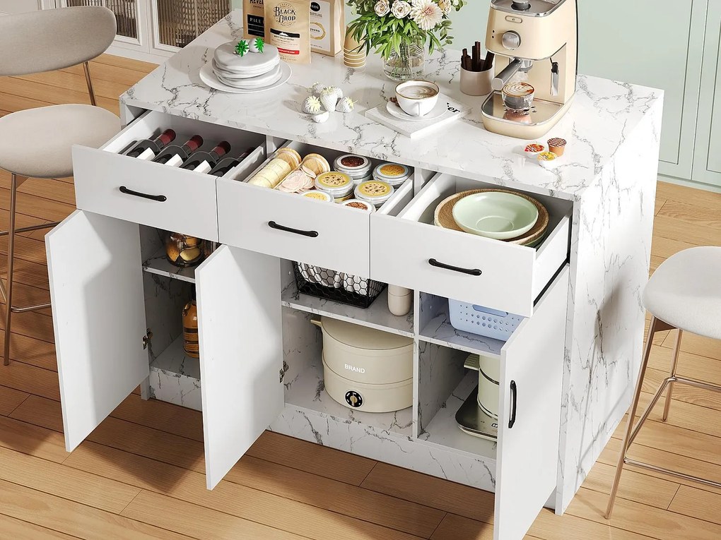 Wyspa kuchenna - 3 szuflady i 3 drzwi - wzór marmuru - MDF - biały