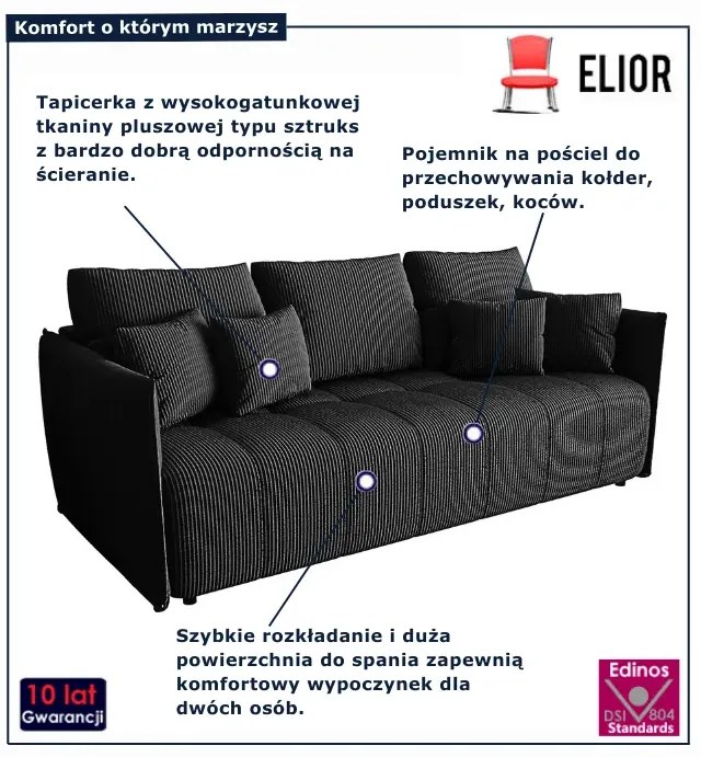 Czarna welurowa sztruksowa sofa rozkładana T8-L10