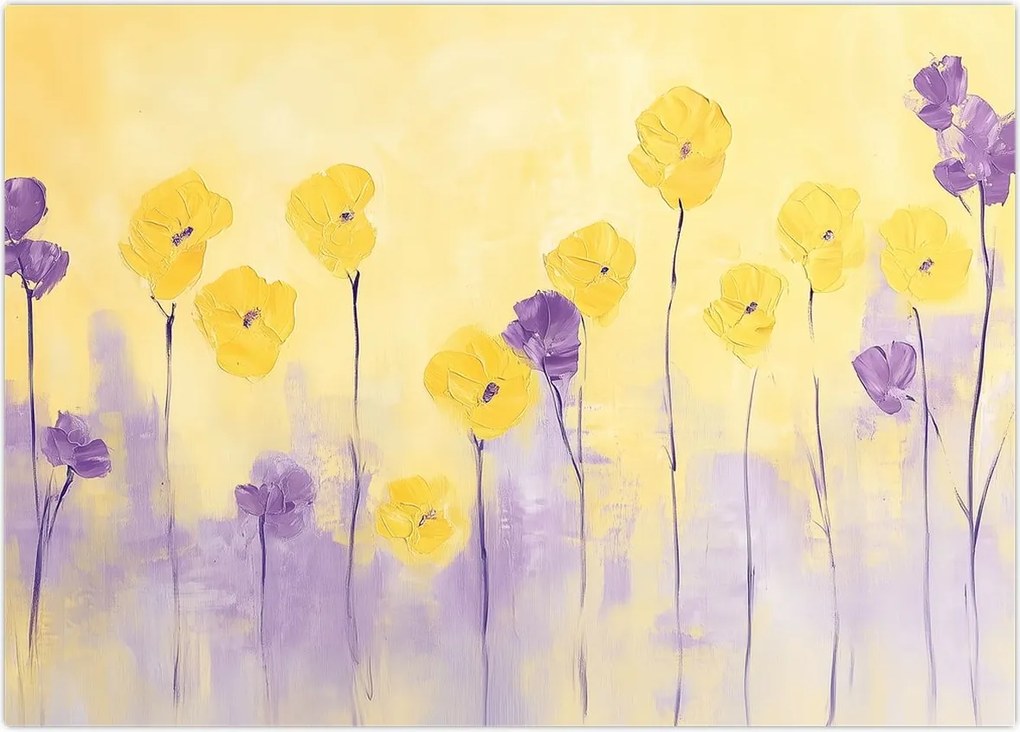 Obraz na szkle - Fioletowe i żółte kwiatuszki (70x50 cm)