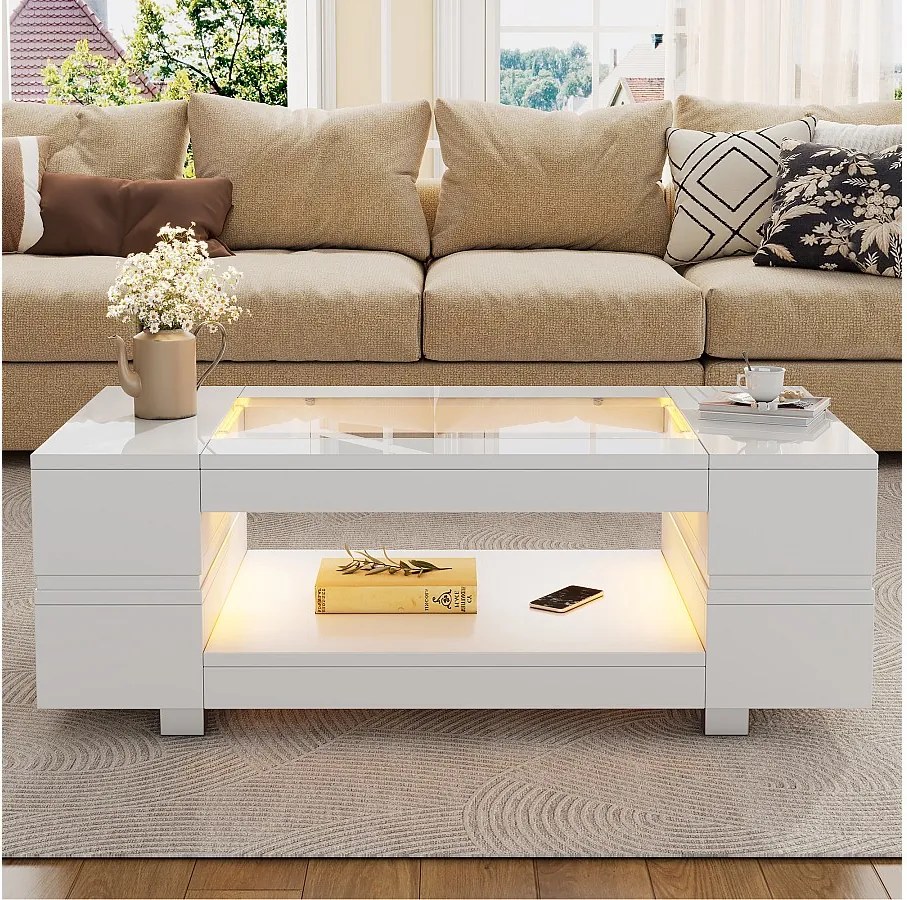 Biały stolik kawowy z oświetleniem LED i otwartą półką do przechowywania – Do salonów i biur