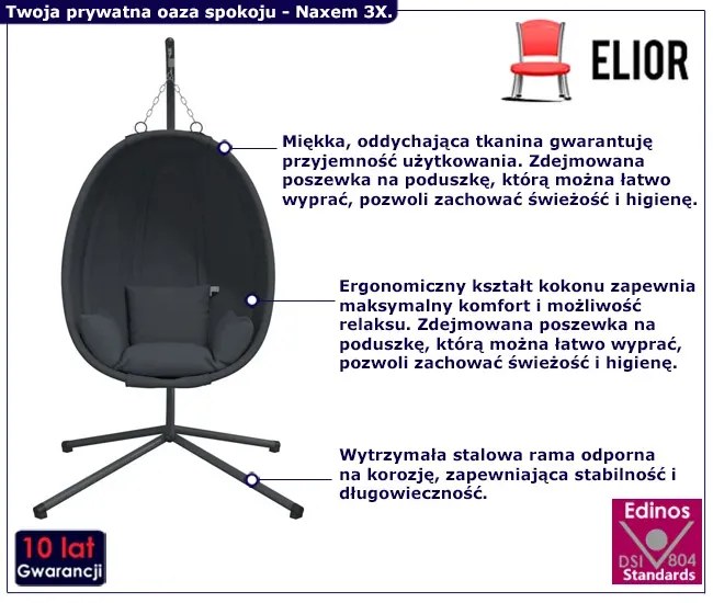 Antracytowy fotel wiszący kokon - Syntia 3X