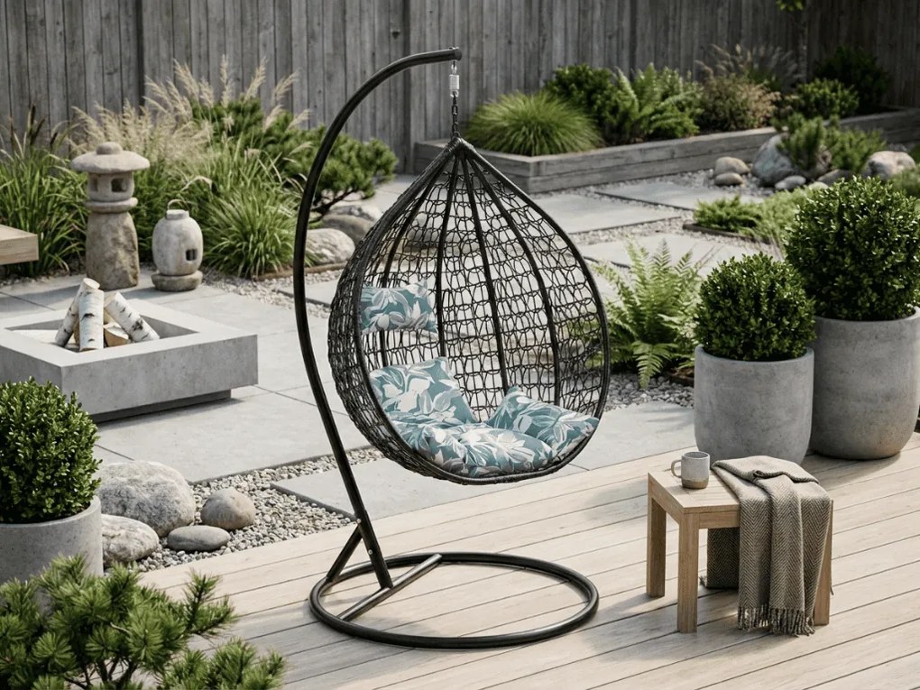 Czarne wiszące krzesło KOKON ze stojakiem, zielono-biała poduszka