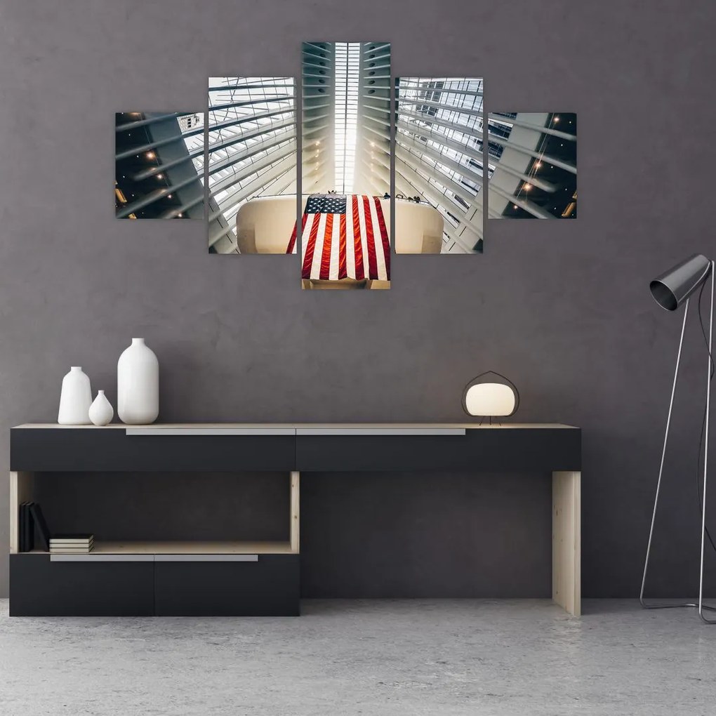 Obraz budynku z flagą USA (125x70 cm)