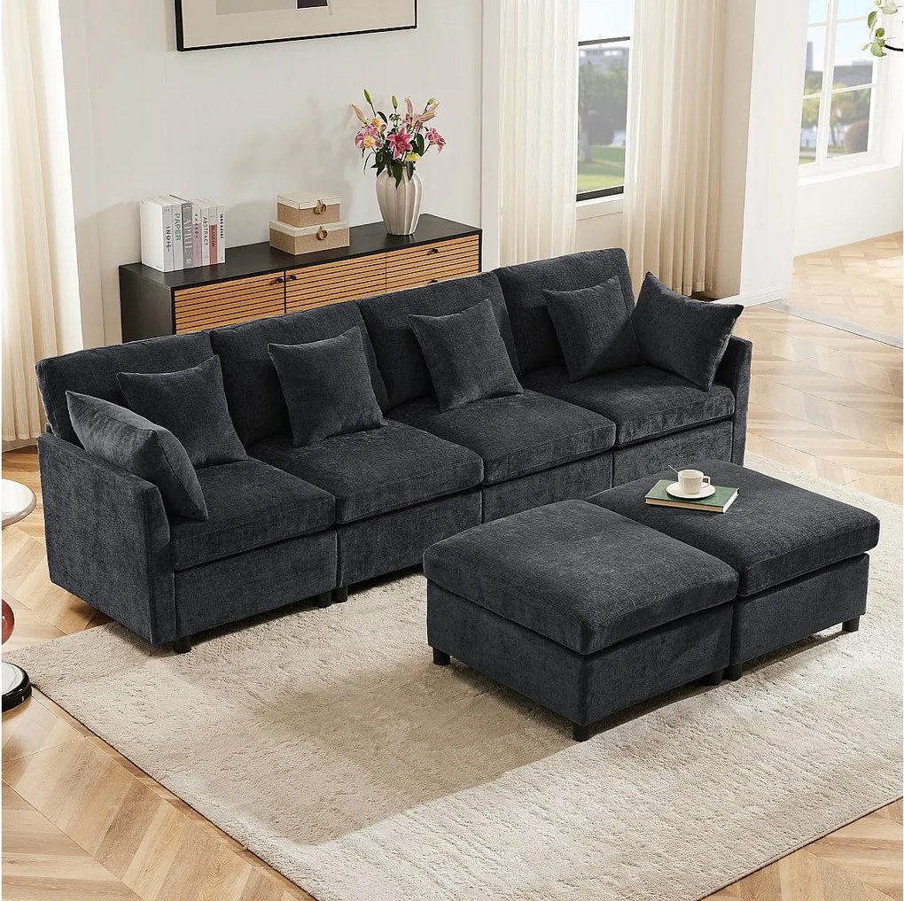 Sofa 4-osobowa, sofa Chenille z wyściełanym oparciem i podłokietnikami, ruchomy podnóżek - ciemnoszara