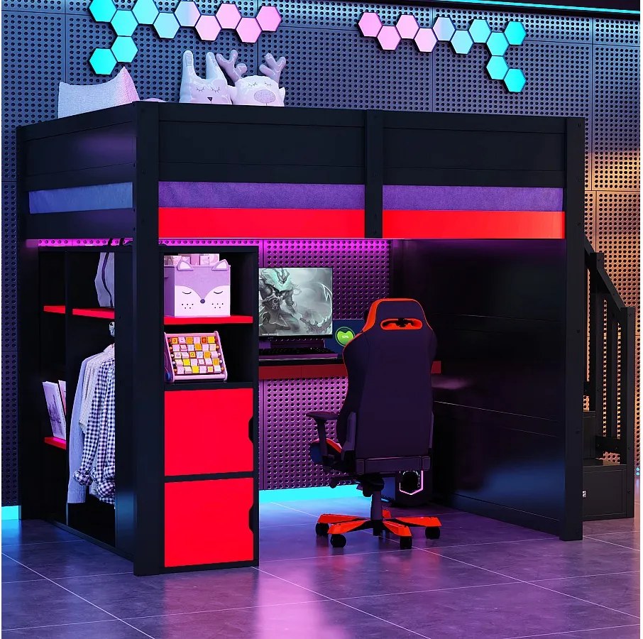 Łóżko piętrowe dla graczy z drewna - 140 x 200 cm - z biurkiem + oświetleniem LED + półką i schodkami do przechowywania + szafą - MDF - czarny + czerwony