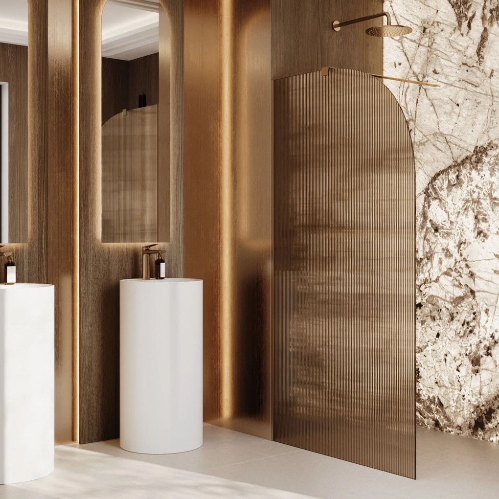 Ścianka prysznicowa WALK IN FIX brązowa półokrągła ryflowana 8mm ARTE WELLE Brown Moon MASSI | Różne rozmiary : Kolor profili kabiny - czarny, Szerokość ścianki - 110 cm , Typ montażu - WALK in FIX (Do ściany)