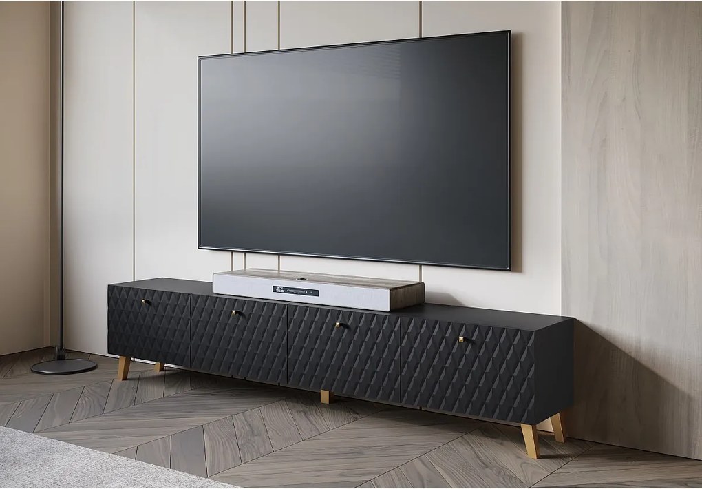 Móvel de TV moderno 190 cm preto mate, pés e puxadores dourados, frentes em MDF fresadas em losangos