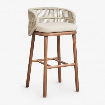 Zestaw 4 Wysokich Stołków Ogrodowych Z Drewna Akacjowego I Plecionego Sznurka Capri Kremowa & ↑75 Cm - Sklum
