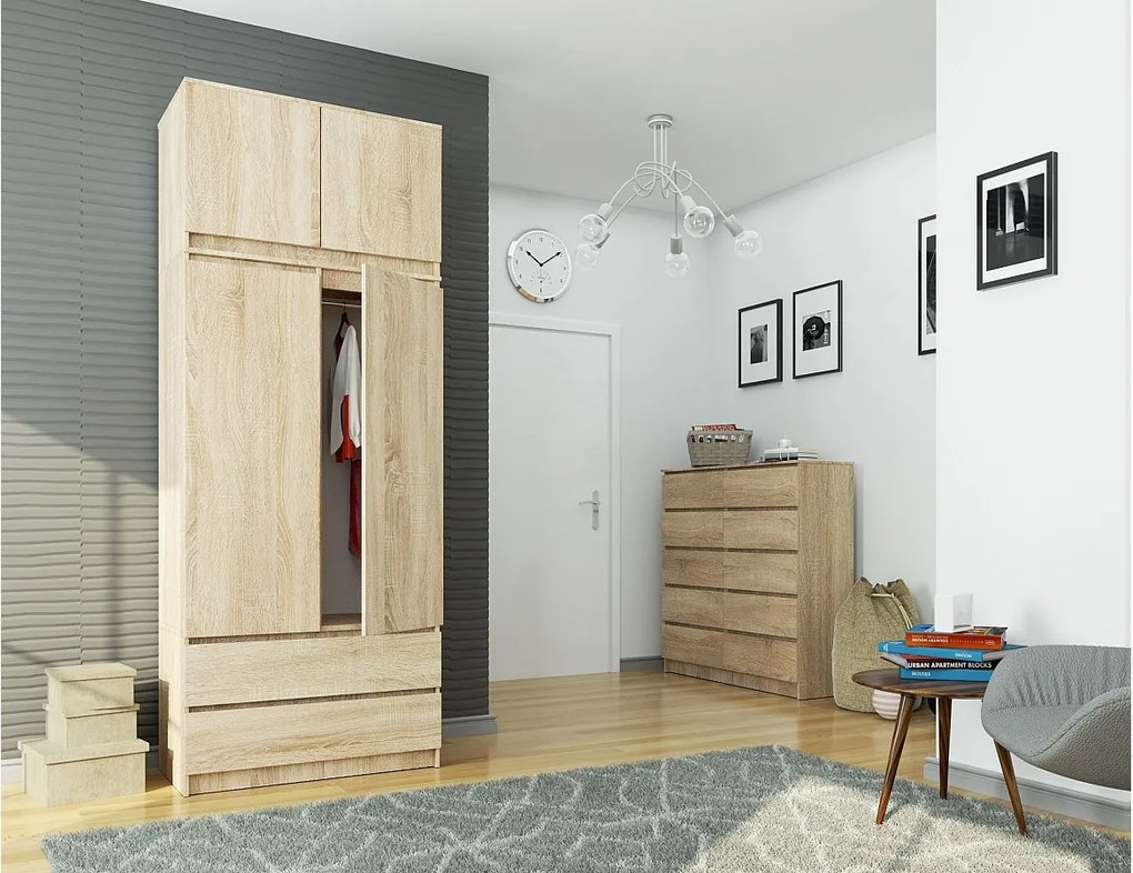 Szafa AKORD S90 z nadstawką Dąb Sonoma 90 cm 2 drzwi 2 szuflady kolor Dąb Sonoma mat 6 półek 90x51x234 cm