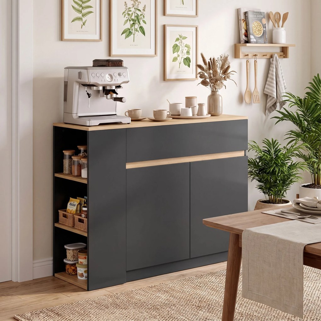 HOMCOM Sideboard, kredens, duża komora szafkowa, 3-stopniowy regał, szuflada, czarny, 110 x 29,5 x 82 cm | Aosom PL