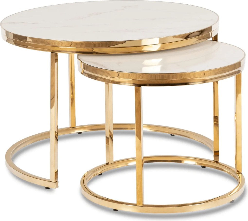 Zestaw Stolików Kawowych ARON 70 cm/50 cm Biały Marmur/Złoty Glamour