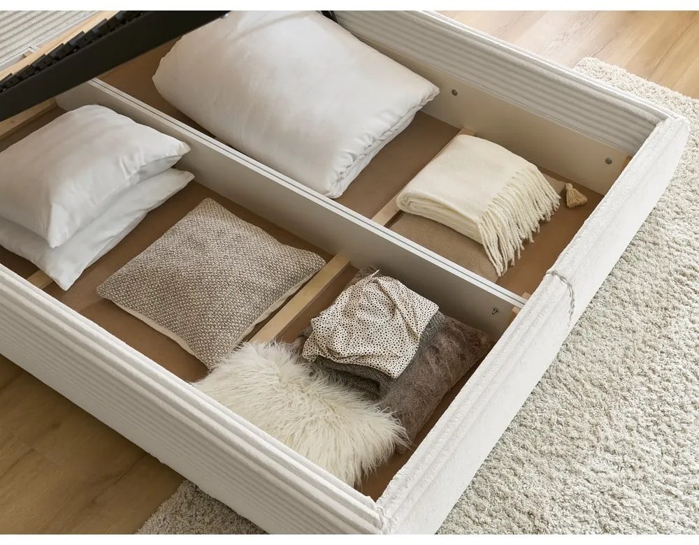 Beżowe tapicerowane łóżko dwuosobowe ze schowkiem ze stelażem 180x200 cm Jade – Bobochic Paris