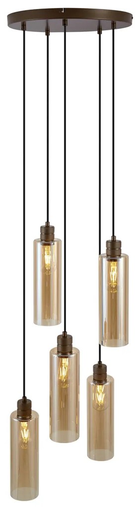 Lampa wisząca w stylu hotelowym, ciemny brąz z bursztynowym szkłem, 5-punktowa - StavelotElegancki hotelowy Oswietlenie wewnetrzne