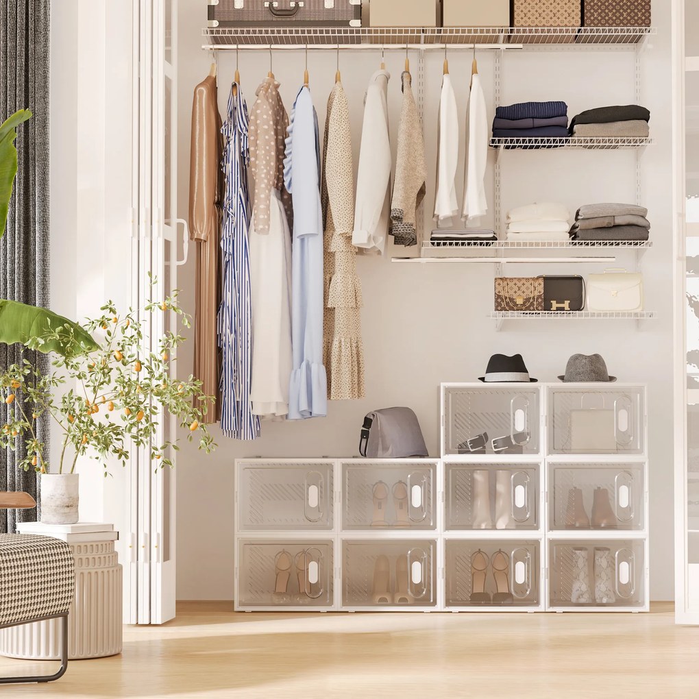 HOMCOM 18-elementowy regał na buty, stabelowane pudełka na buty do rozmiaru 45, magnetyczne drzwi, tworzywo sztuczne, 28 x 36 x 21 cm