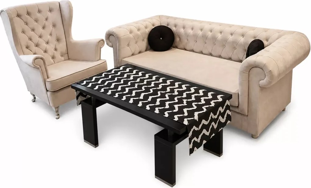 Stylowy zestaw wypoczynkowy - Kanapa Chesterfield Asti + Fotel uszak głęboko pikowany
