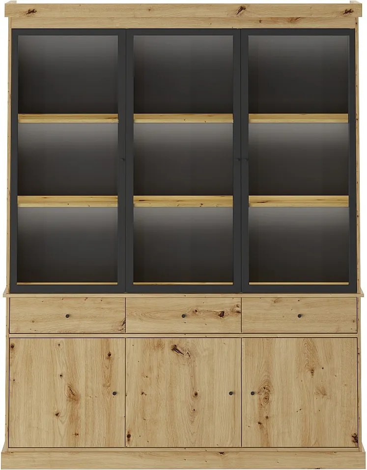 Witryna z szufladami i oświetleniem LED - Naturalny i czarny - MARSORIA