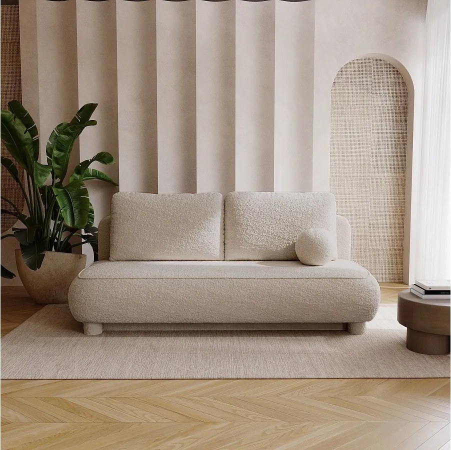BESILIO Kanapa dwuosobowa Toby - tkanina boucle, sofa z funkcją spania- Beżowy