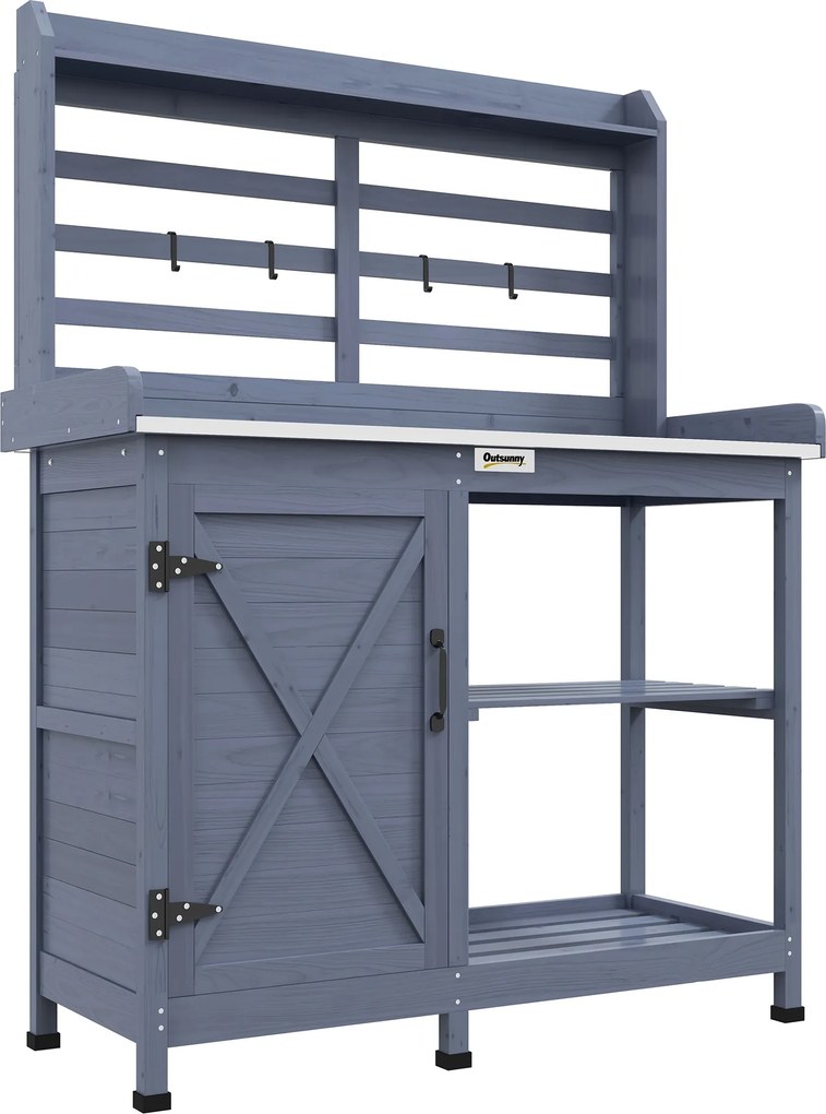 Outsunny Stół ogrodniczy z szafką, Powierzchnia robocza z aluminium, Przestrzeń przechowywania, 112x47x146cm, Szary