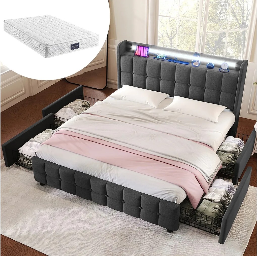 Łóżko dla dorosłych 160x200 cm – z zagłówkiem, 4 szufladami, portem USB, oświetleniem LED – szary len – materac w cenie
