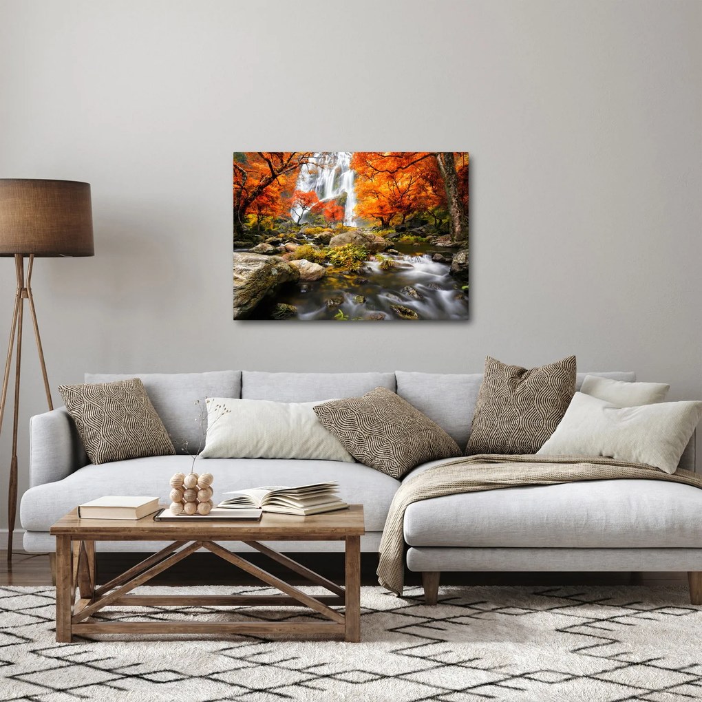 Obraz - Wodospady w jesiennym krajobrazie, pomarańczowy (70x50 cm)
