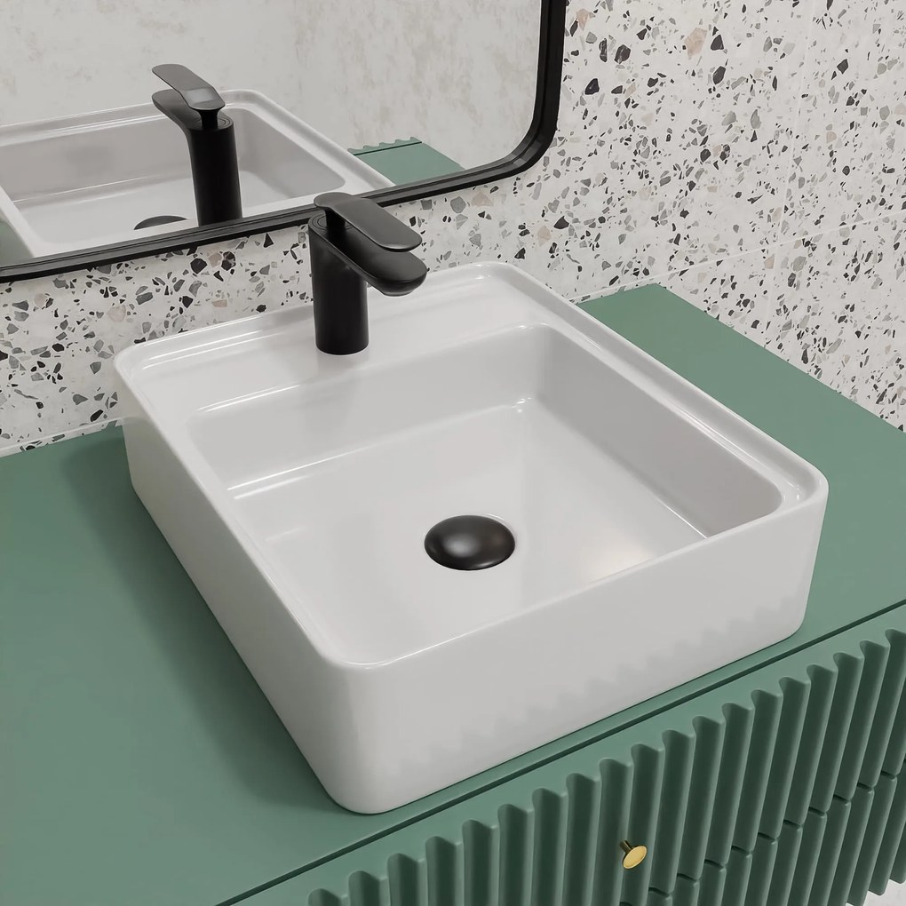 Umywalka nablatowa prostokątna biała z otworem z półką na mydło 40 x 50 cm MERA