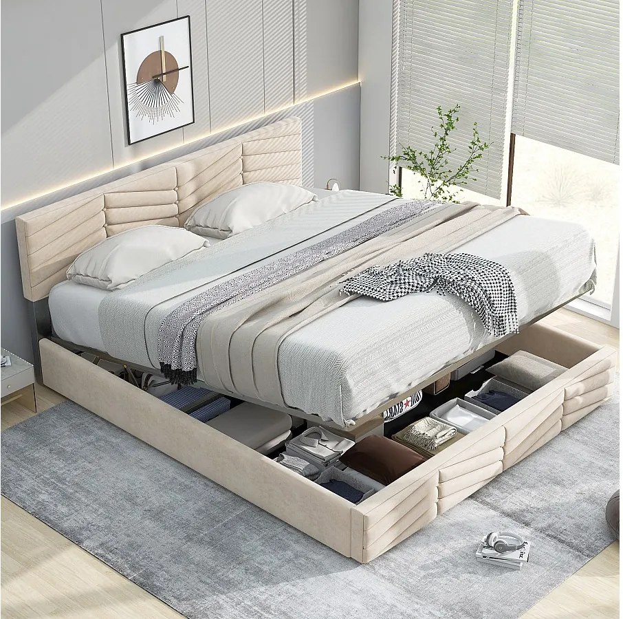 Łóżko tapicerowane dla młodzieży ze schowkiem - 140 x 190 cm - regulowany zagłówek - tkanina welurowa - beż