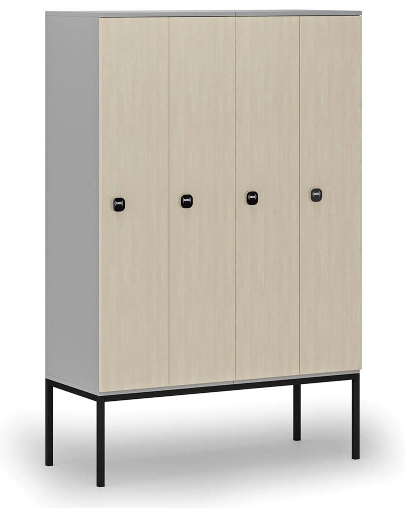 Drewniana szafa ubraniowa z podstawą, 4-drzwiowa, 1871 x 1200 x 500 mm, demontaż, zamek RFID, szary/brzoza
